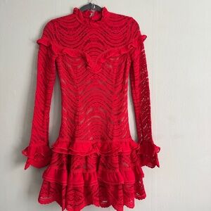 Jonathan Simkhai Red Lace Ruffle Mini Dress Long Sleeve Scallop Cocktail XS sz2
